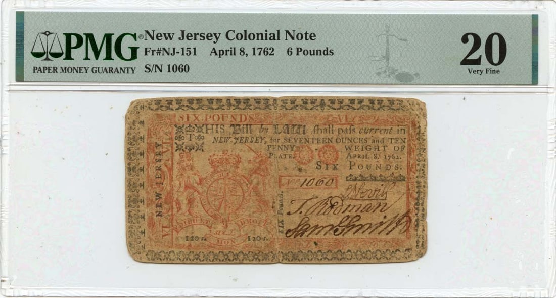 1762 New Jersey Colonial Currency 6 Pounds FR#NJ-151 PMG VF20 (1 of 2)