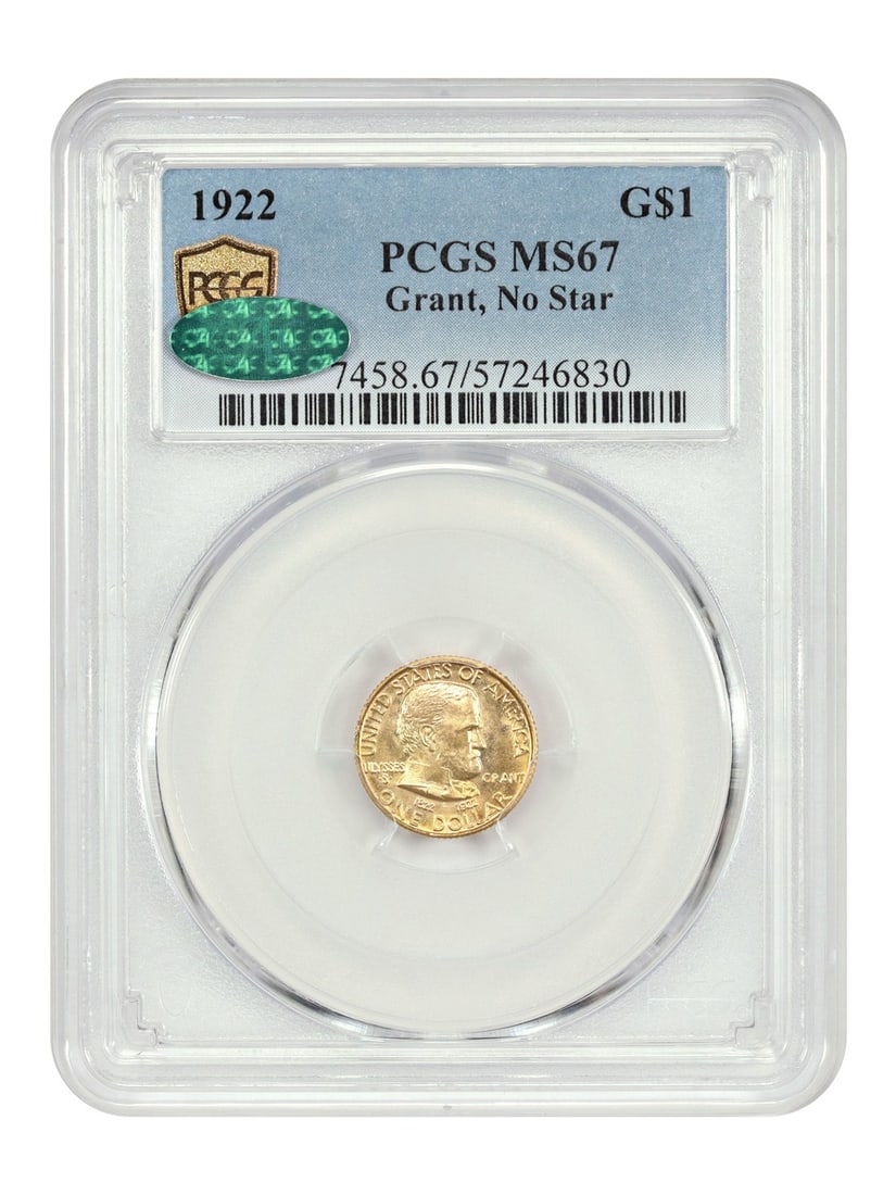 1922 Grant Gold Dollar PCGS CAC MS67 No Star Commemorative Coin: 1922 Grant Gold Dollar PCGS CAC MS67 No Star Commemorative Coin This is a 1922 Grant Classic Gold Commemorative $1 coin, certified by PCGS with a grade of MS67 and further endorsed by CAC. Struck in P