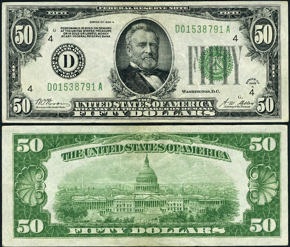 $50 1928-A Cleveland Federal Reserve Note D-A Block XF FR 2101 D (1 of 3)