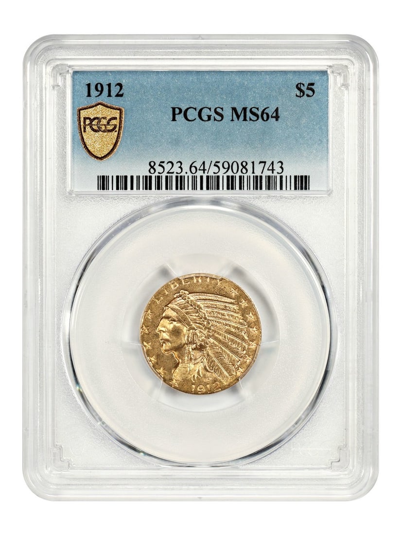 PCGS MS64 1912 Indian Five Dollar Gold Coin: PCGS MS64 1912 Indian Five Dollar Gold Coin This 1912 Indian $5 gold coin is certified as MS64 by PCGS and was minted in Philadelphia. The coin features vibrant mint luster, medium-gold coloration, an