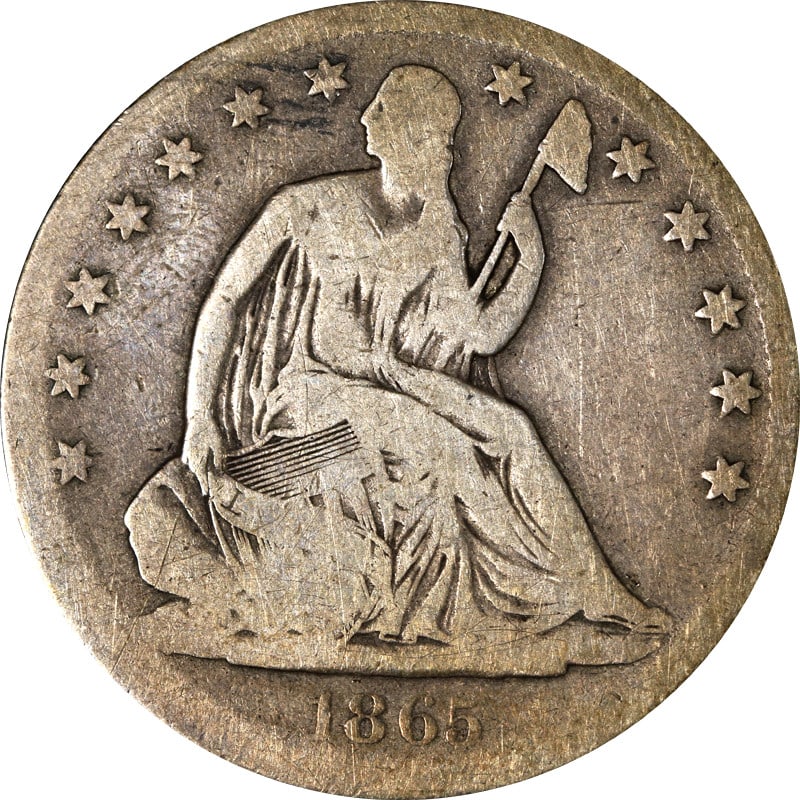 1865-S Seated Half Dollar Silver Coin Circulated: 1865-S Seated Half Dollar Silver Coin Circulated This 1865-S Seated Half Dollar is a historic piece of currency that reflects the artistry and craftsmanship of its time. This coin has been circulated