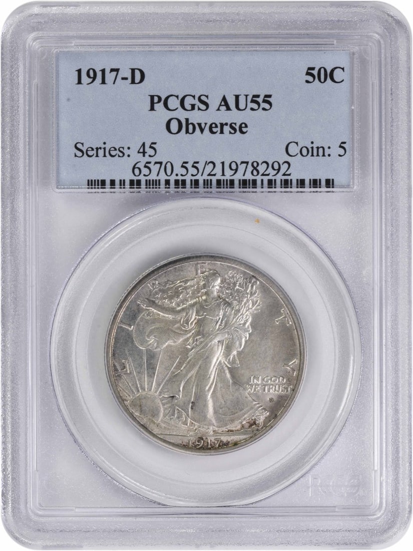 1917-D Walking Liberty Half Dollar AU55 Certified PCGS: 1917-D Walking Liberty Half Dollar AU55 Certified PCGS This 1917-D Walking Liberty Silver Half Dollar is a stunning piece of American numismatic history. Graded AU55 by PCGS, this coin showcases the a