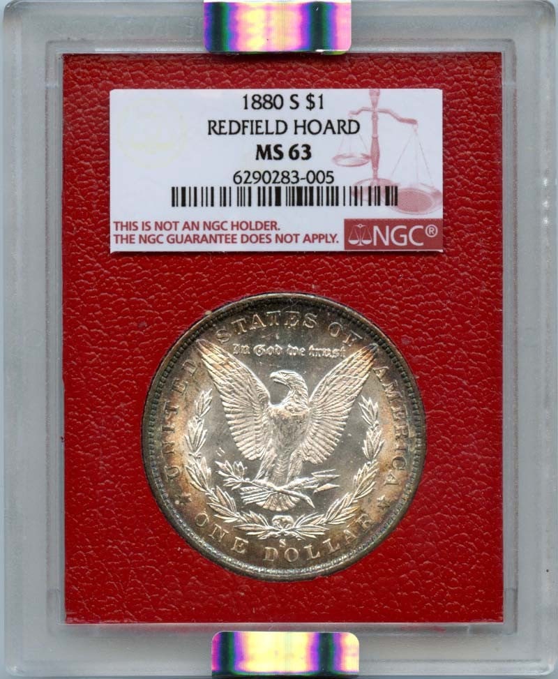 1880-S NGC MS63 Morgan Dollar Redfield Hoard Uncirculated: 1880-S NGC MS63 Morgan Dollar Redfield Hoard Uncirculated This 1880-S Morgan Dollar is a remarkable piece, certified by NGC with a grade of MS63, indicating its uncirculated condition. Minted in San F