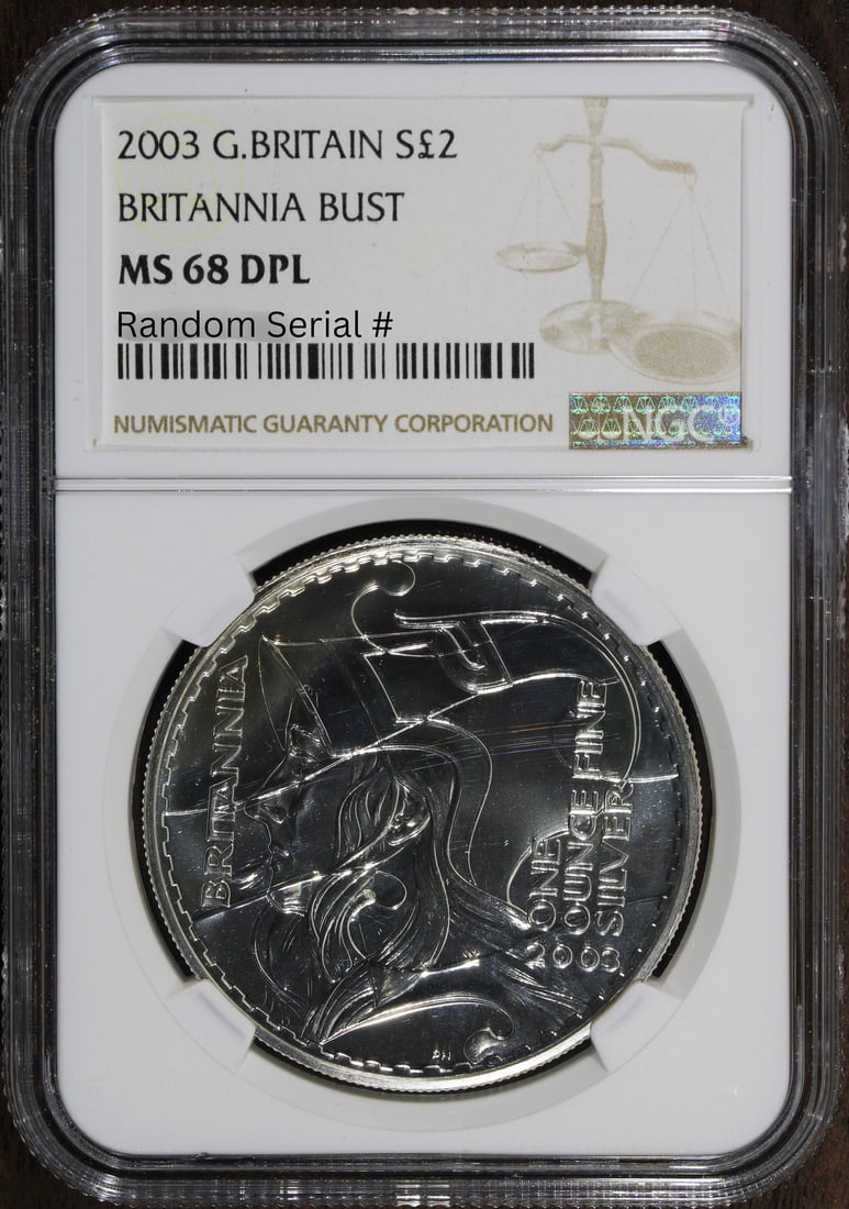 2003 UK Britannia 1 oz Silver Coin MS68 DPL NGC Certified: 2003 UK Britannia 1 oz Silver Coin MS68 DPL NGC Certified This 2003 UK Britannia coin is a stunning example of British craftsmanship, featuring a composition of .999 fine silver. Graded MS 68 by NGC,
