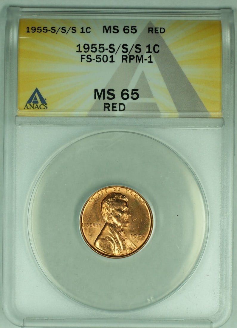 1955 Lincoln Wheat Cent 1C Coin ANACS MS 65 RD: 1955 Lincoln Wheat Cent 1C Coin ANACS MS 65 RD This stunning 1955-S/S/S Lincoln Wheat Cent is an uncirculated small cent coin featuring the iconic Lincoln Wheat design. Graded MS 65 RD by ANACS, this