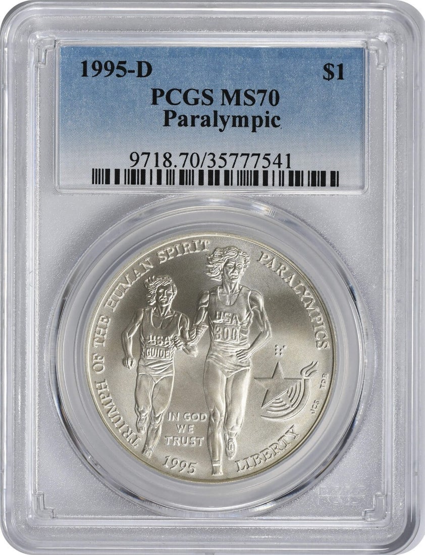 1995-D Blind Runner Paralympic Commemorative Dollar MS70 PCGS Silver Coin: 1995-D Blind Runner Paralympic Commemorative Dollar MS70 PCGS Silver Coin This 1995-D Blind Runner Paralympic Commemorative Dollar is a stunning piece of numismatic art, graded MS70 by PCGS, ensuring
