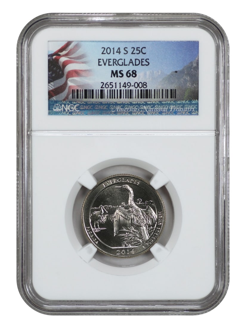 2014-S Everglades National Park Quarter NGC MS68 Type 1 Uncirculated: 2014-S Everglades National Park Quarter NGC MS68 Type 1 Uncirculated This 2014-S 25C Everglades National Park quarter is graded NGC MS68, indicating it is in uncirculated condition with a high level o