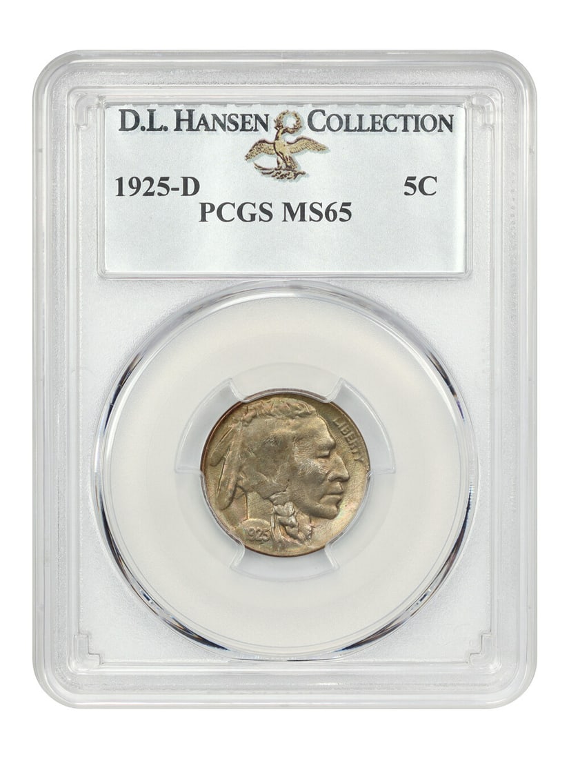 1925-D Buffalo Nickel 5C PCGS MS65 Rainbow Iridescence: 1925-D Buffalo Nickel 5C PCGS MS65 Rainbow Iridescence This 1925-D 5C Buffalo Nickel, certified by PCGS with a grade of MS65, showcases exceptional quality and eye appeal. The coin is uncirculated, fe
