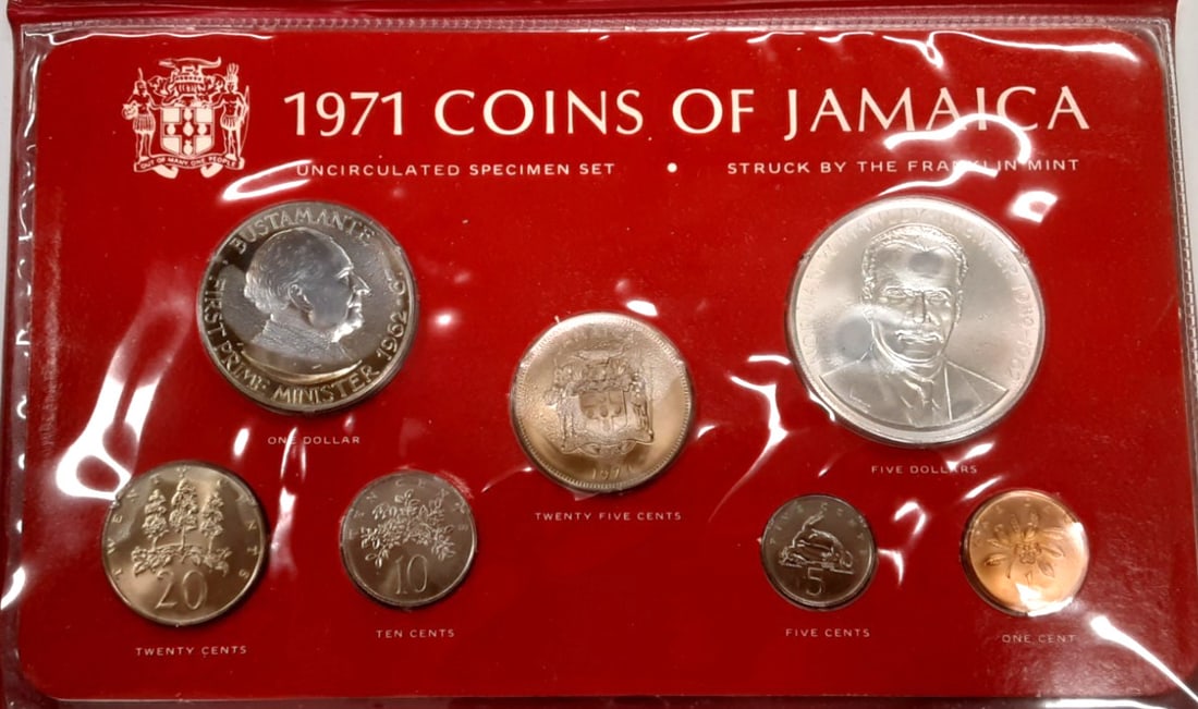 1971 Jamaica UNC 7 Coin Set with .925 Silver $5 Franklin Mint (1 of 4)
