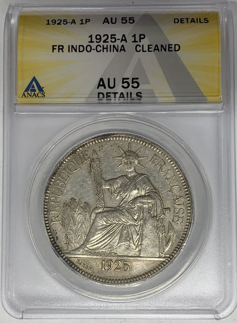 1925-A FR Indo-China 1 Piastre Silver Coin ANACS AU 55: 1925-A FR Indo-China 1 Piastre Silver Coin ANACS AU 55 This 1925-A FR Indo-China 1 Piastre coin is a remarkable piece of history, showcasing its circulated condition. Made of silver, this coin has bee