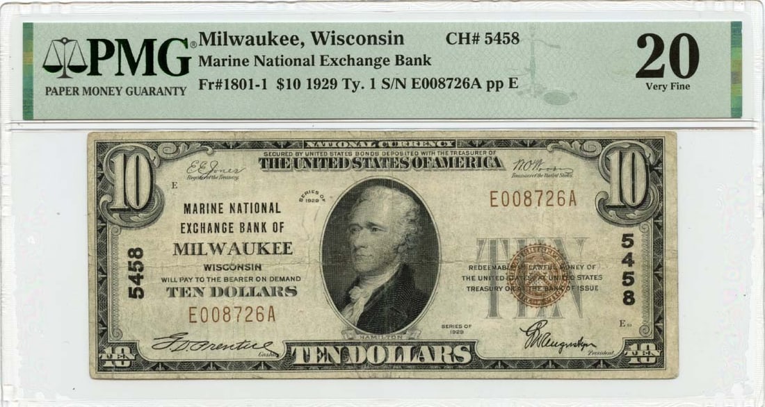1929 $10 Marine National Bank Milwaukee CH#5458 PMG VF20 Currency Note (1 of 2)