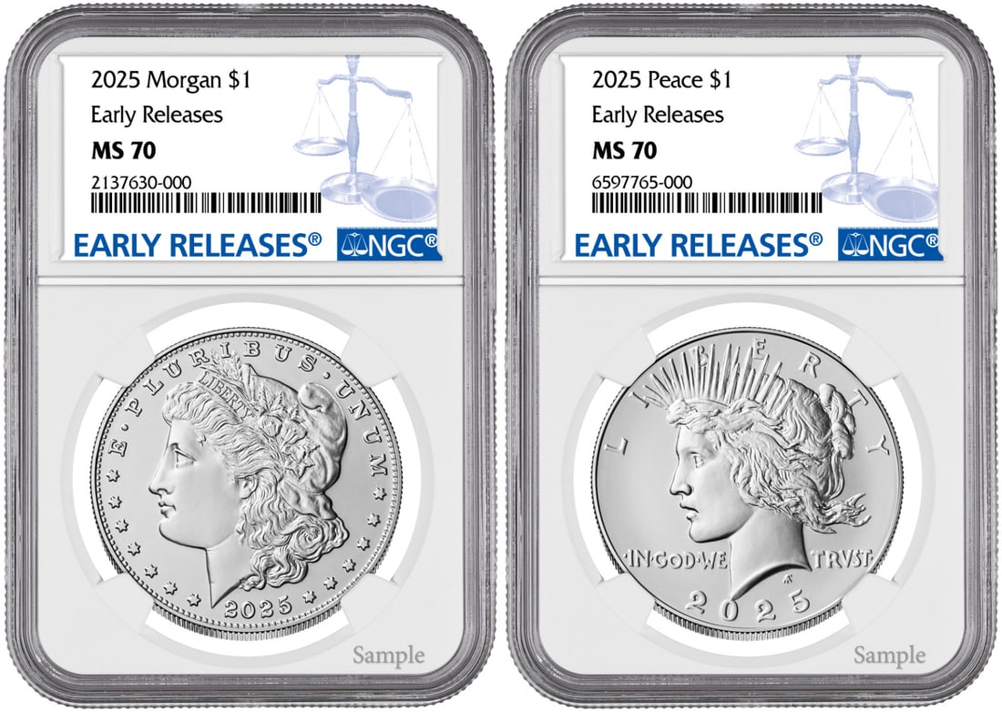 2025-P Morgan & Peace Silver Dollar 2 Coin Set MS70 NGC Early Release (1 of 5)