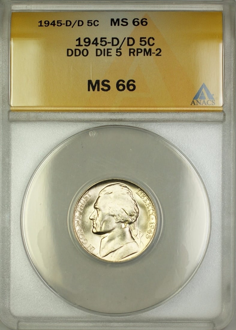 1945-D/D RPM-2 DDO Wartime Silver Jefferson Nickel ANACS MS-66: 1945-D/D RPM-2 DDO Wartime Silver Jefferson Nickel ANACS MS-66 This 1945-D/D RPM-2 DDO Wartime Silver Jefferson Nickel is a remarkable collectible, certified by ANACS with a grade of MS 66, indicating