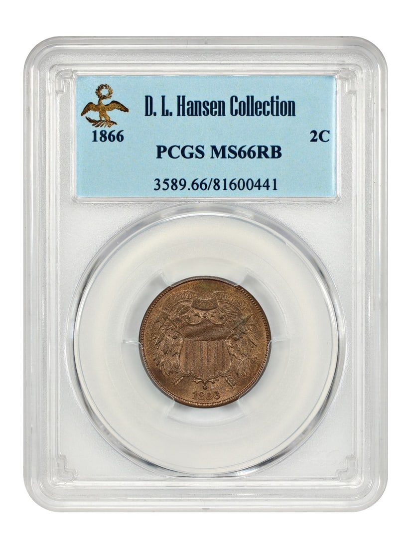 1866 2C PCGS MS66RB Two Cent Coin D.L. Hansen Provenance: 1866 2C PCGS MS66RB Two Cent Coin D.L. Hansen Provenance This 1866 Two Cent Coin is graded MS66RB by PCGS, showcasing great original skin and full, undisturbed luster. It features some strike weakness
