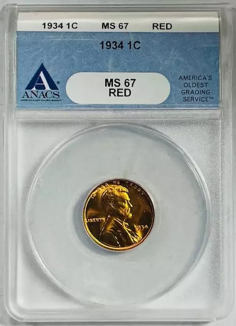 1934 Lincoln Penny ANACS MS-67 Red Uncirculated Copper Coin (1 of 2)