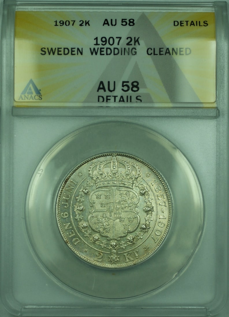1907 Sweden 2 Kronor Silver Coin ANACS AU 58 KM#776: 1907 Sweden 2 Kronor Silver Coin ANACS AU 58 KM#776 This stunning 1907 2 Kronor silver coin from Sweden is certified by ANACS and graded AU 58, indicating its high quality and appeal for collectors. T
