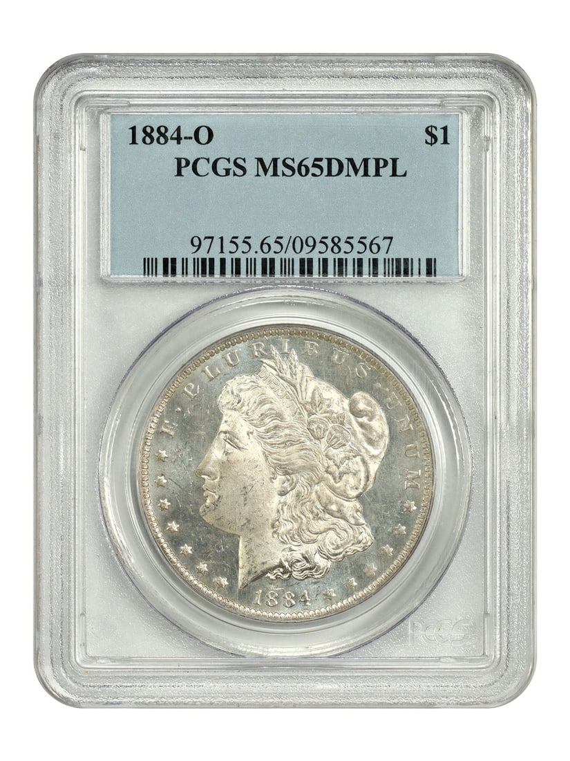 PCGS MS65DMPL 1884-O Morgan Silver Dollar New Orleans Mint: PCGS MS65DMPL 1884-O Morgan Silver Dollar New Orleans Mint This 1884-O Morgan Dollar is graded MS65DMPL by PCGS, indicating a deep mirror prooflike (DMPL) finish and an uncirculated condition. Struck