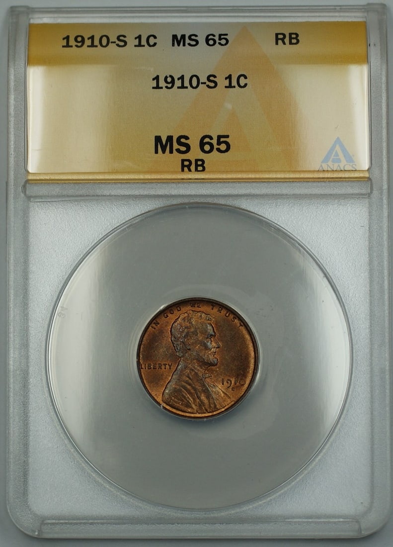1910-S Lincoln Wheat Cent 1c ANACS MS-65 Gem RB Red-Brown Scarce Date (1 of 2)