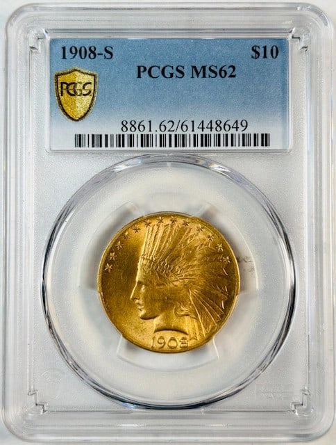 PCGS MS62 1908 San Francisco $10 Indian Head Gold Eagle Coin (1 of 3)
