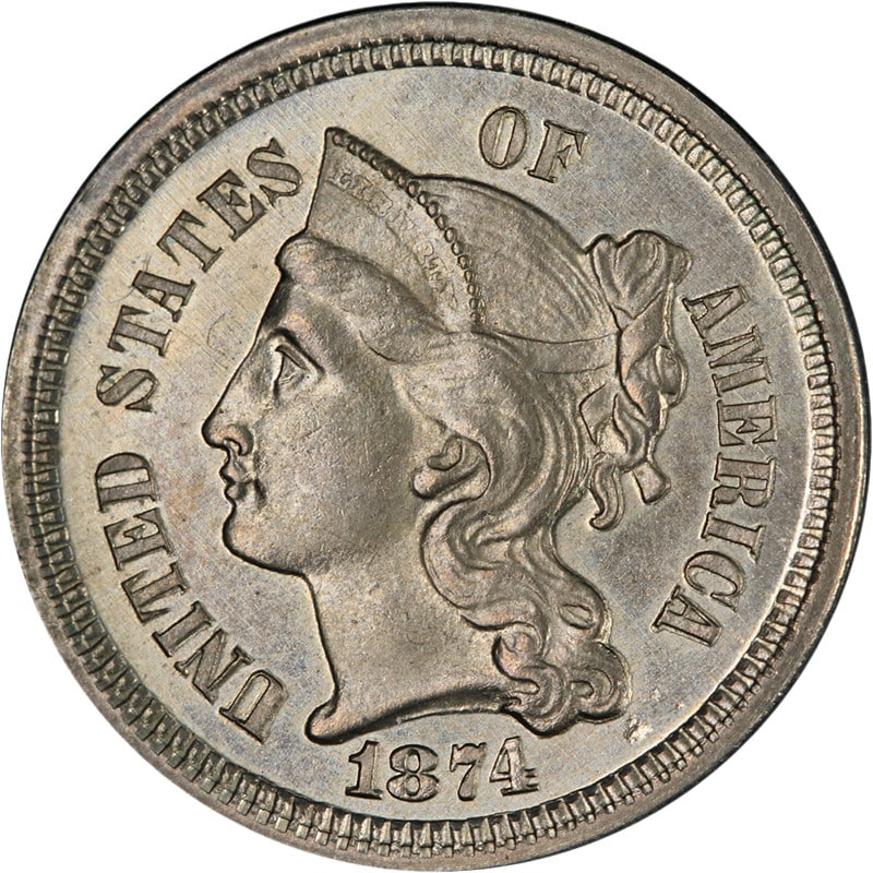 1874 Three Cent Nickel Choice Proof Uncertified Strong Strike (1 of 2)