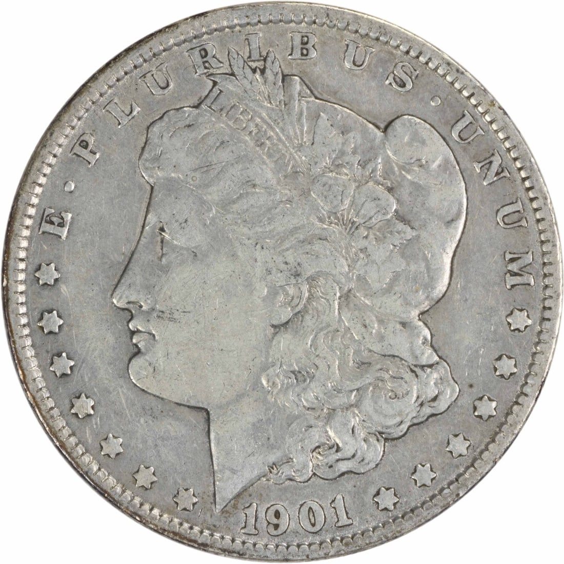 1901 Morgan Silver Dollar VF Uncertified 90% Silver Coin: 1901 Morgan Silver Dollar VF Uncertified 90% Silver Coin This 1901 Morgan Silver Dollar is a classic collectible, featuring a design by George T. Morgan. The coin is composed of 90% silver and 10% cop