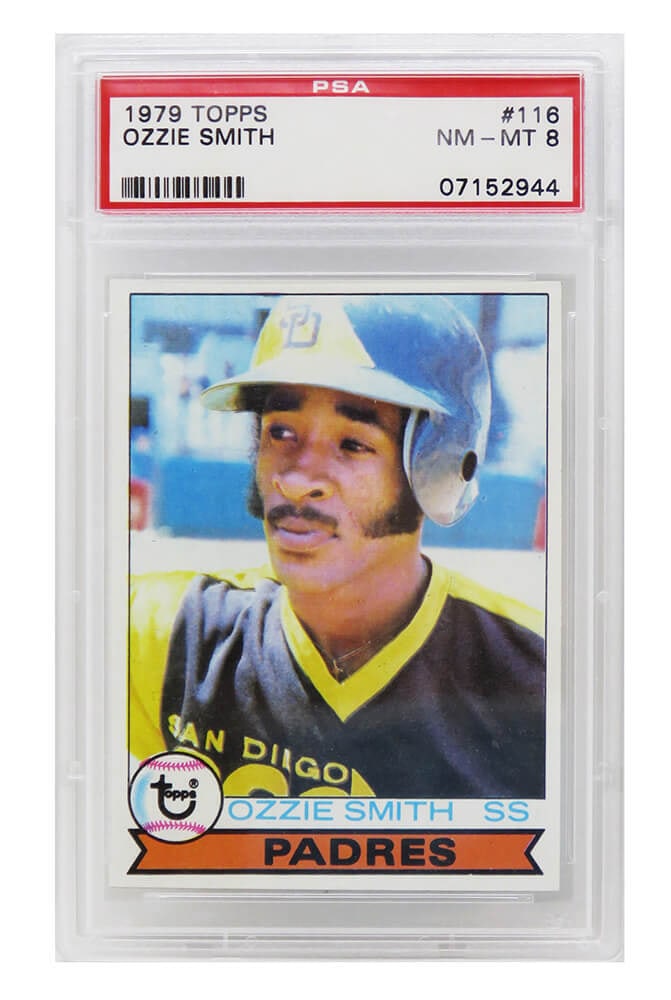 Ozzie Smith 1979 Topps Baseball Rookie Card #116 PSA 8: Ozzie Smith 1979 Topps Baseball Rookie Card #116 PSA 8 This listing features an Ozzie Smith 1979 Topps Baseball Rookie Card #116, encapsulated and graded NM-MT (Near Mint-Mint) 8 by Professional Sport