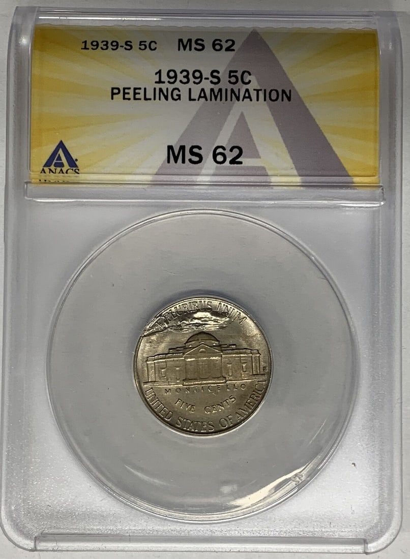 1939-S Jefferson Nickel ANACS MS 62 Peeling Lamination Error: 1939-S Jefferson Nickel ANACS MS 62 Peeling Lamination Error This 1939-S Jefferson Nickel features a notable peeling lamination error, certified by ANACS with a grade of MS 62, indicating it is in unc
