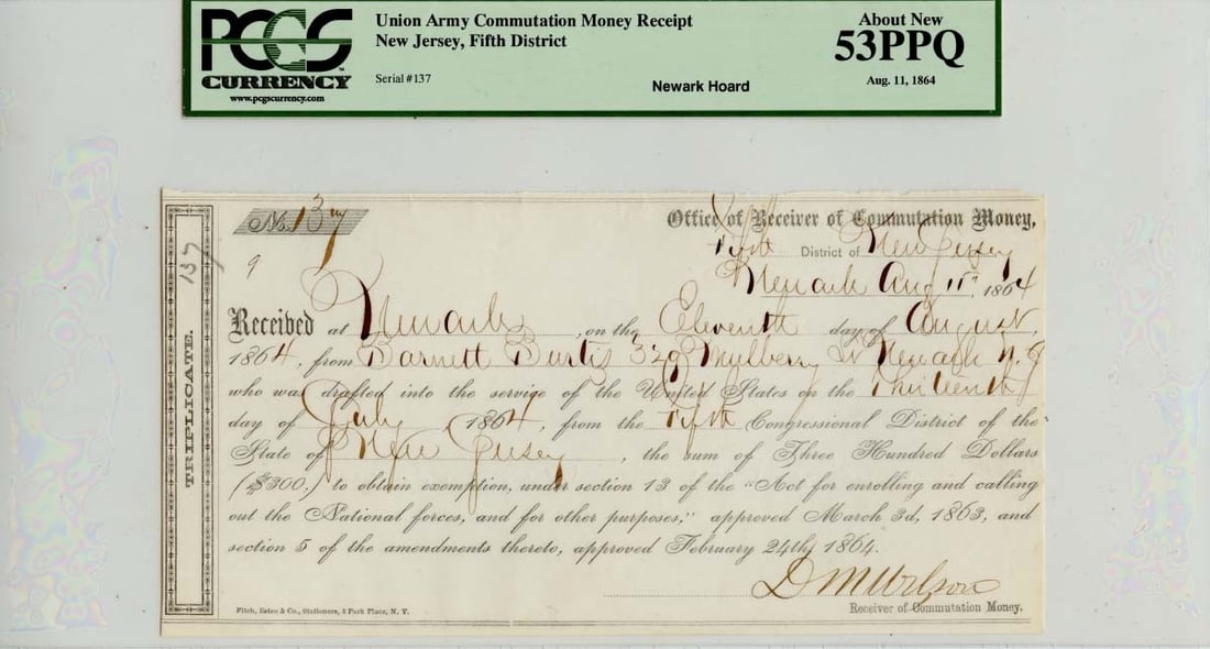 Union Army Commutation Money Receipt 1864 PCGS AU58 Certified (1 of 2)
