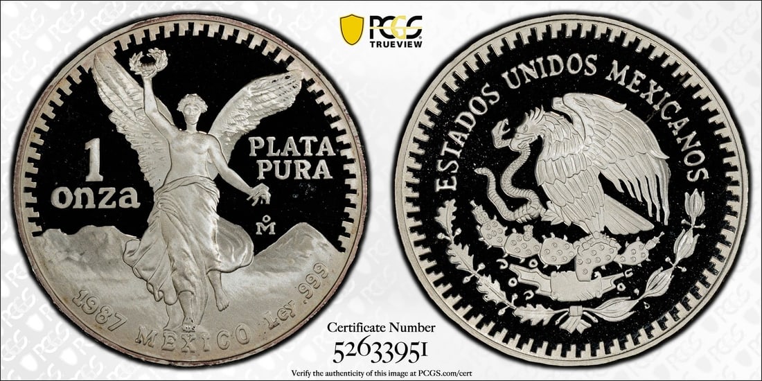1987 Proof Libertad Onza 1 oz Silver PR68 DCAM PCGS Missing Feather: 1987 Proof Libertad Onza 1 oz Silver PR68 DCAM PCGS Missing Feather This 1987 Mexican Libertad coin is a stunning example of fine silver craftsmanship. With a composition of 0.999 silver, this Proof c