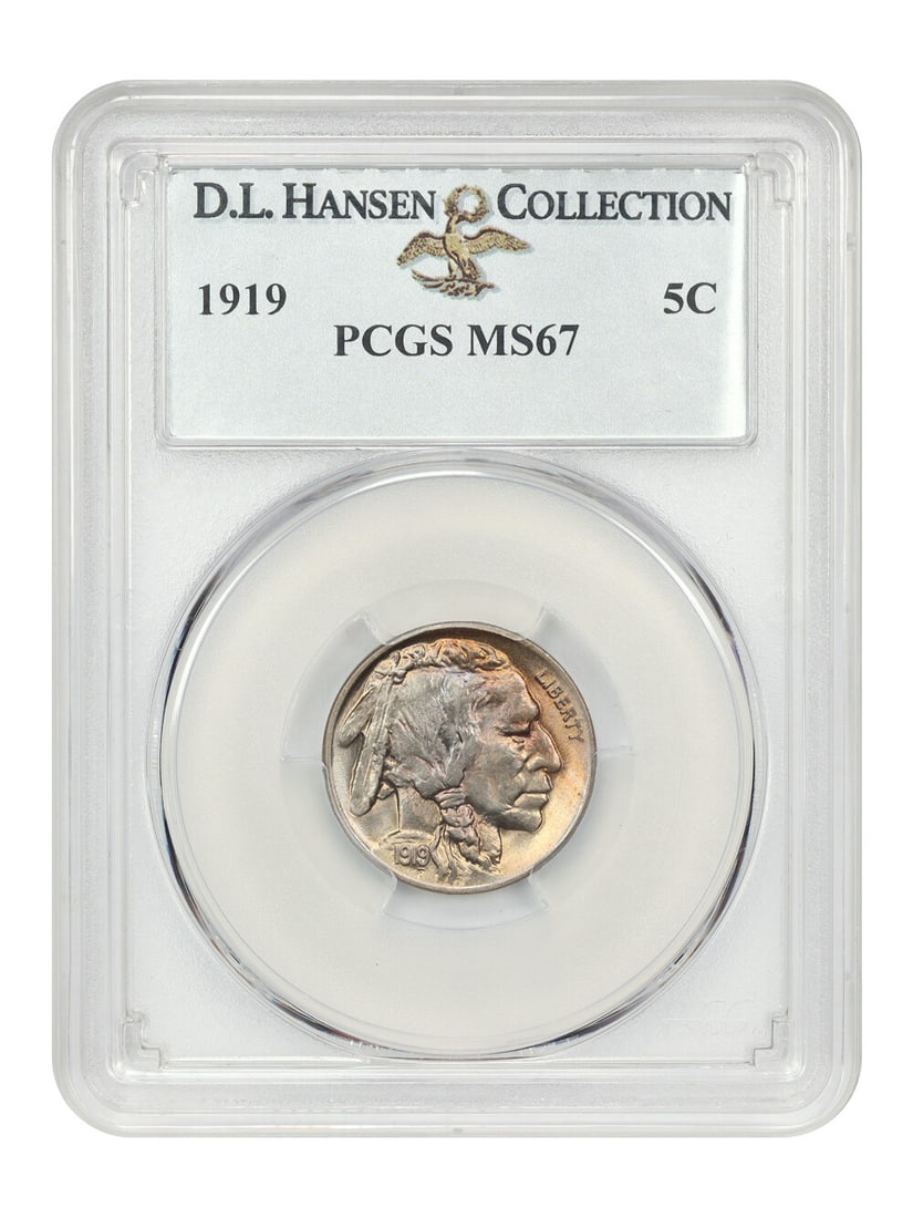 1919 Buffalo Nickel 5C PCGS MS67 D.L. Hansen Premium Gem: 1919 Buffalo Nickel 5C PCGS MS67 D.L. Hansen Premium Gem This 1919 5C PCGS MS67 Buffalo Nickel is a remarkable example of numismatic excellence. Graded as uncirculated, it boasts a certification from