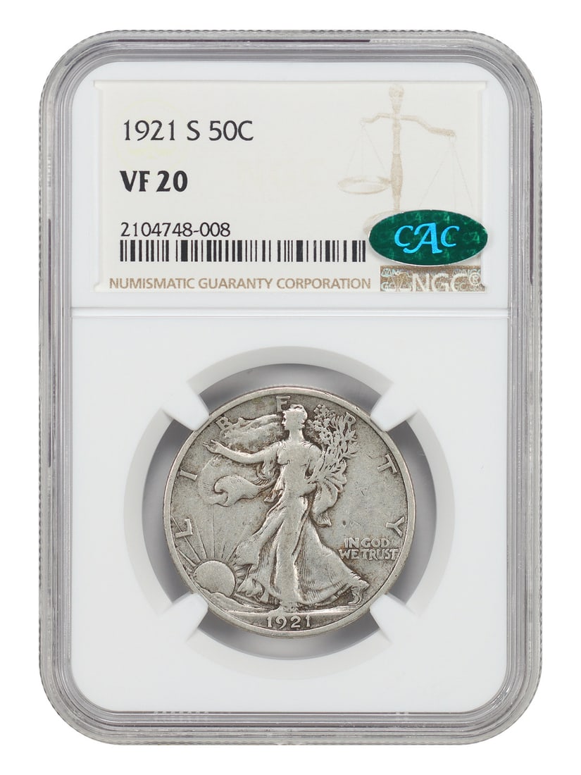 1921-S Walking Liberty Half Dollar NGC CAC VF20 Key Date 50C Coin: 1921-S Walking Liberty Half Dollar NGC CAC VF20 Key Date 50C Coin This 1921-S Walking Liberty Half Dollar is a key date for collectors and is graded VF20 by NGC with CAC approval. Minted in San Franci