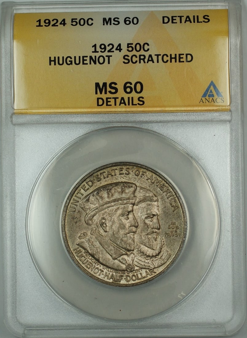 1924 Huguenot Commemorative Silver 50c Coin ANACS MS 60 Details: 1924 Huguenot Commemorative Silver 50c Coin ANACS MS 60 Details This 1924 Huguenot Commemorative Silver 50c Coin is a remarkable piece, certified by ANACS with a grade of MS 60 Details. Struck in Phil