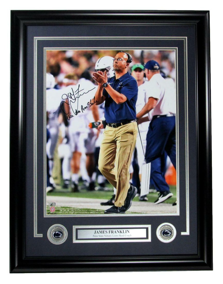 James Franklin Signed Inscribed 16x20 Photo Framed JSA Authentic: James Franklin Signed Inscribed 16x20 Photo Framed JSA Authentic This framed photo features James Franklin, the head coach of the Penn State Nittany Lions, signed and inscribed with "We Are Penn State