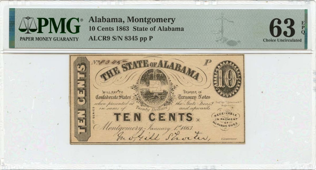 1863 10 Cents Alabama Montgomery Obsolete Note PMG CU63 EPQ (1 of 2)