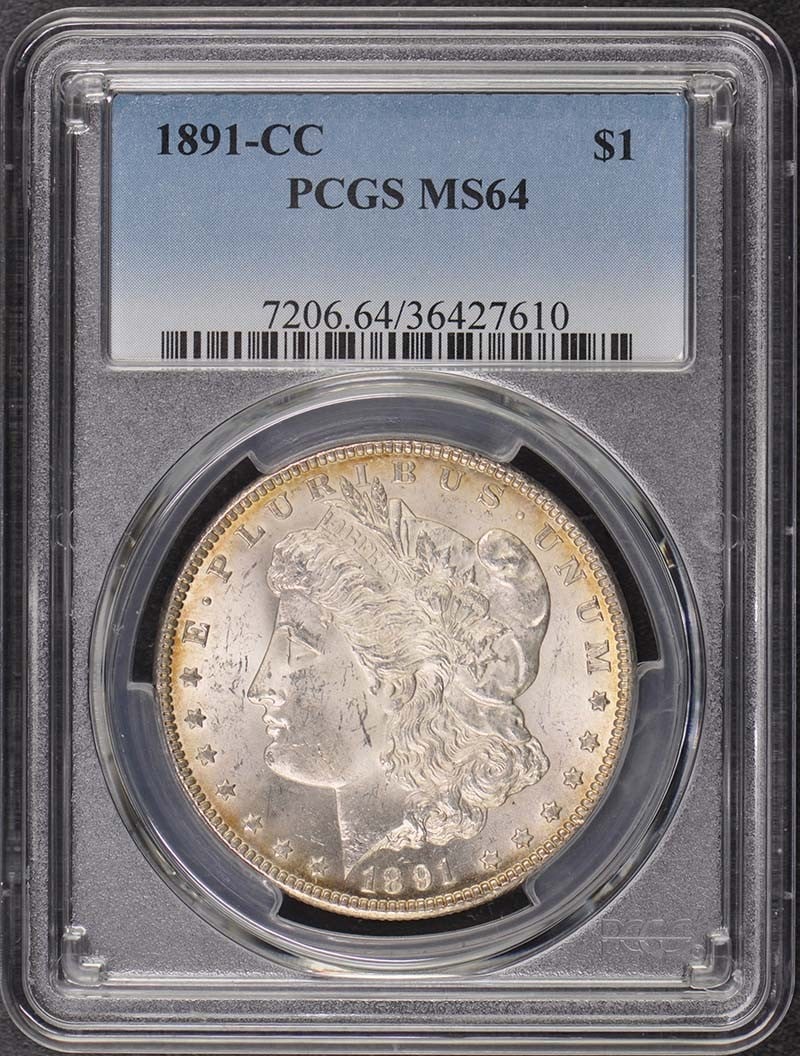 1891-CC Morgan Dollar PCGS MS64 Uncirculated Carson City: 1891-CC Morgan Dollar PCGS MS64 Uncirculated Carson City This 1891-CC Morgan Dollar is a remarkable piece with a certification from PCGS, graded at MS64. It is an uncirculated coin from the Carson Cit
