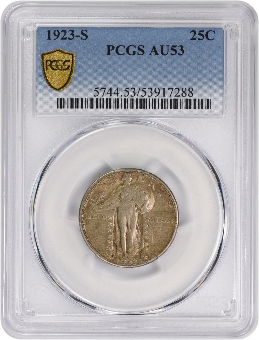 1923 San Francisco Standing Liberty Quarter 25C PCGS AU53 Silver Coin: 1923 San Francisco Standing Liberty Quarter 25C PCGS AU53 Silver Coin This 1923-S Standing Liberty Quarter was struck at the San Francisco Mint and is composed of 90% silver and 10% copper. Graded AU5