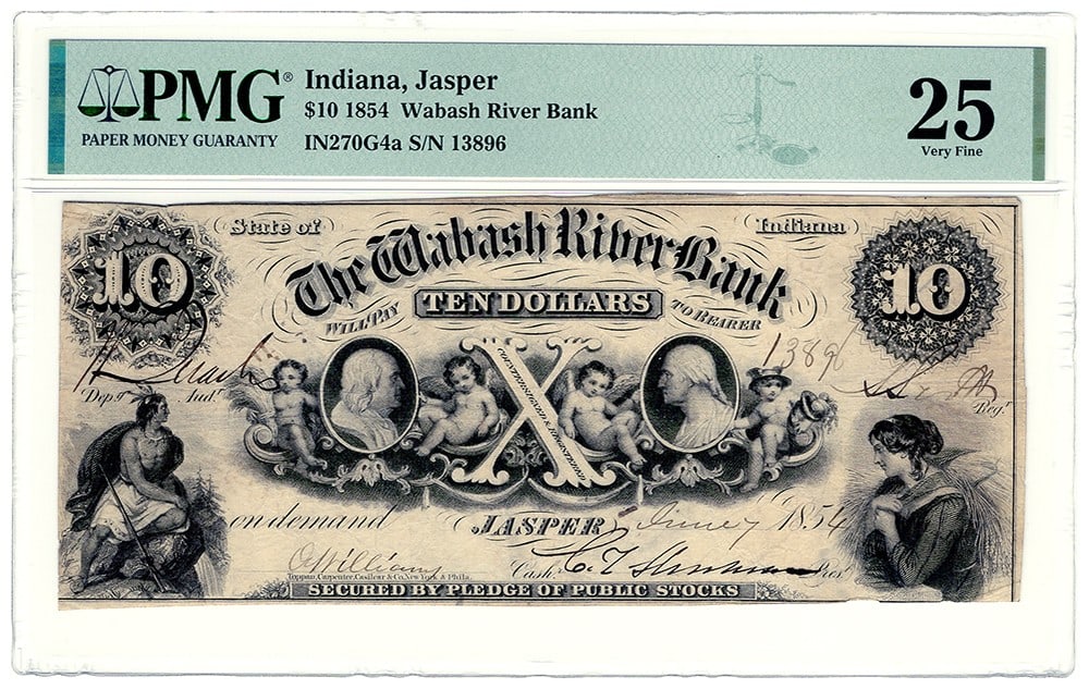 1854 Wabash River Bank Note $10 PMG VF25 Tough Obsolete (1 of 2)