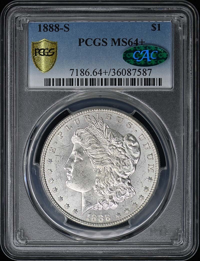 1888-S Morgan Dollar PCGS MS64+ CAC Uncirculated Coin: 1888-S Morgan Dollar PCGS MS64+ CAC Uncirculated Coin This 1888-S Morgan Dollar is certified by PCGS with a grade of MS64+, indicating excellent condition. Struck in San Francisco, this uncirculated c