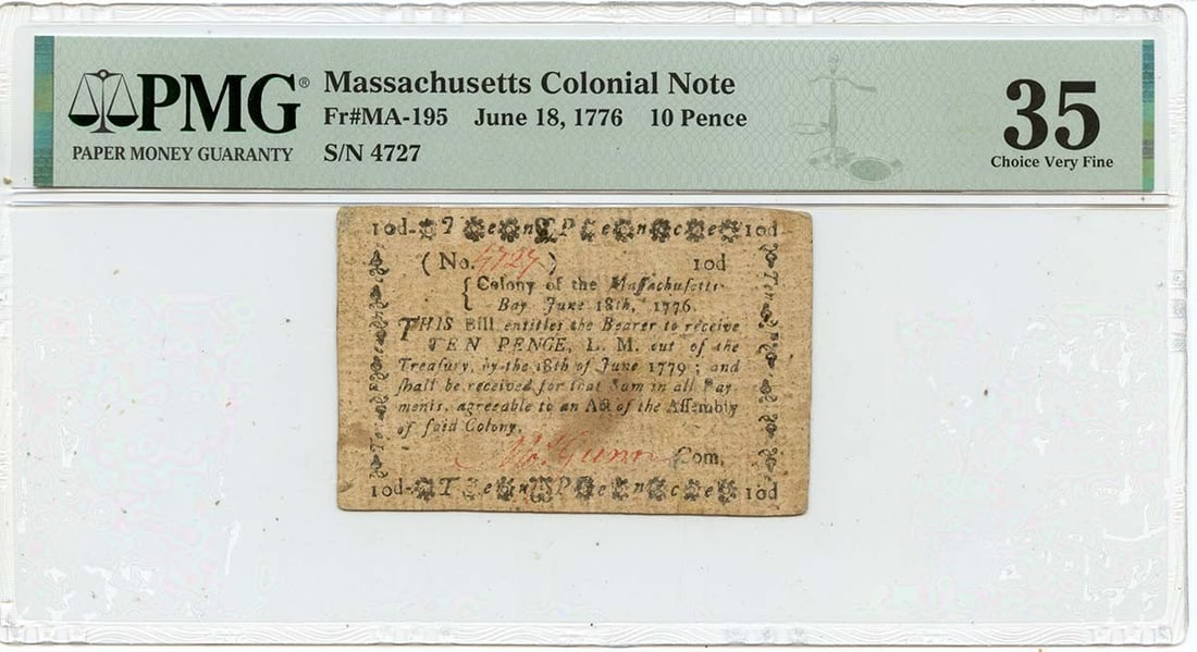 1776 Massachusetts Colonial Note 10d FR#MA-195 PMG VF35 8 Known (1 of 2)