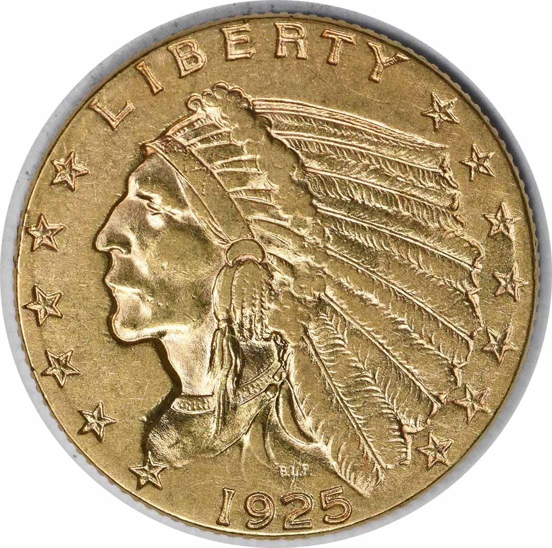 1925-D Gold Indian $2.50 Coin AU Uncertified by Bela Lyon Pratt: 1925-D Gold Indian $2.50 Coin AU Uncertified by Bela Lyon Pratt This 1925-D $2.50 Gold Indian coin showcases exquisite design by Bela Lyon Pratt, featuring a striking representation of an Indian chief