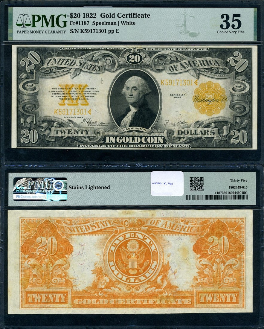 1922 $20 Gold Certificate FR. 1187 PMG Choice VF35 (1 of 3)