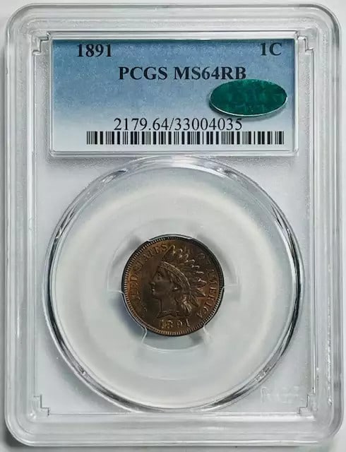 1891 P Indian Head Penny PCGS MS 64 RB CAC Low Population (1 of 2)