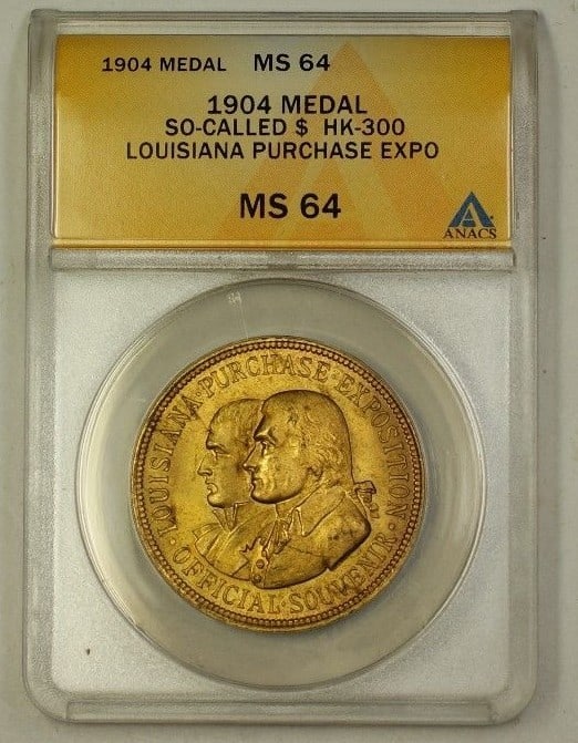 1904 Louisiana Purchase Exposition Bronze Medal HK-300 ANACS MS 64: 1904 Louisiana Purchase Exposition Bronze Medal HK-300 ANACS MS 64 This 1904 Louisiana Purchase Exposition Bronze Medal, designated as HK-300, is a notable piece of exonumia. Crafted from high-quality