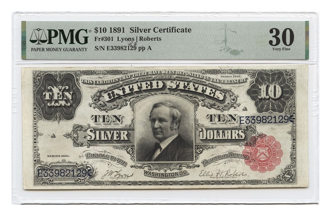 1891 $10 Silver Certificate PMG VF30 Tombstone Note Large Size (1 of 2)
