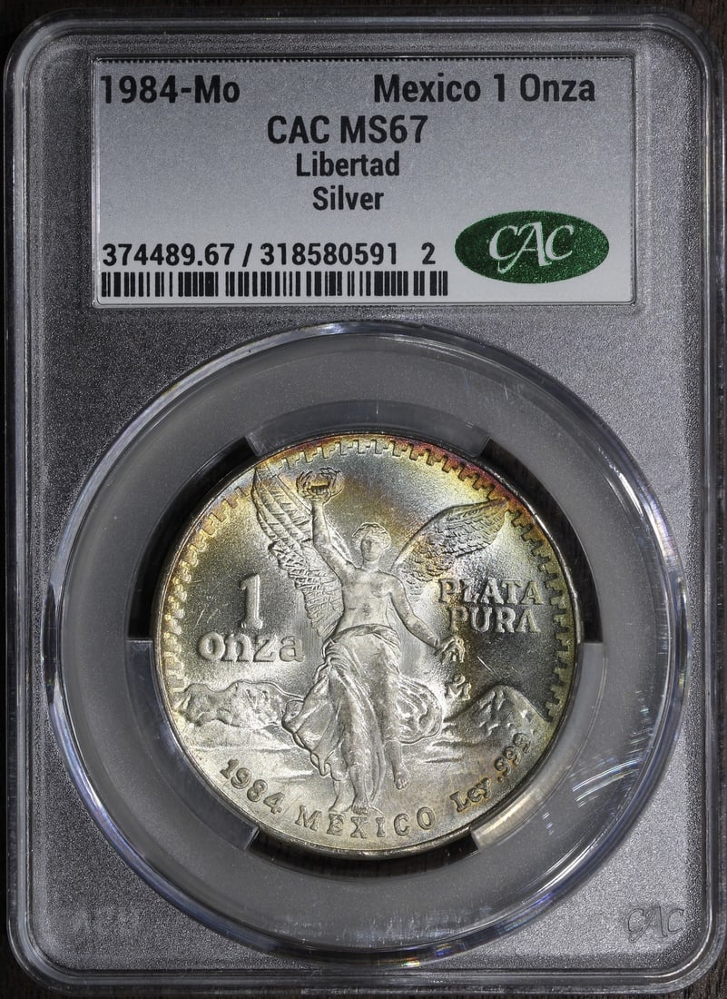 1984 Mexico 1 oz Silver Onza Libertad MS67 CAC Rainbow Tone (1 of 2)