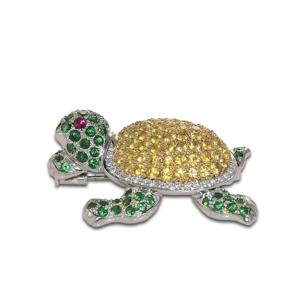 Custom Turtle Brooch 18k Gold 3.50 ct Yellow Sapphire 2.00 ct Tsavorite Garnet Diamonds (1 of 6)