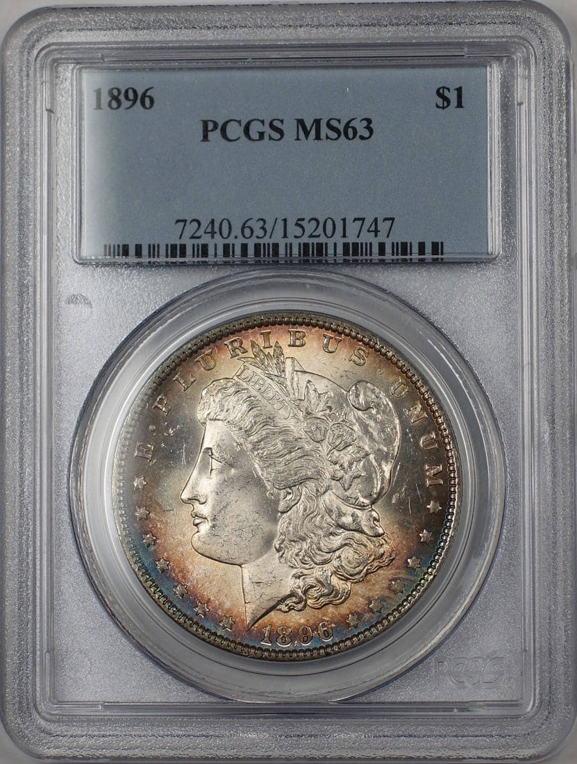 1896 Morgan Silver Dollar PCGS MS-63 Toned Coin: 1896 Morgan Silver Dollar PCGS MS-63 Toned Coin This 1896 Morgan Silver Dollar is a remarkable collectible coin, certified by PCGS with a grade of MS 63. This uncirculated coin was minted in Philadelp