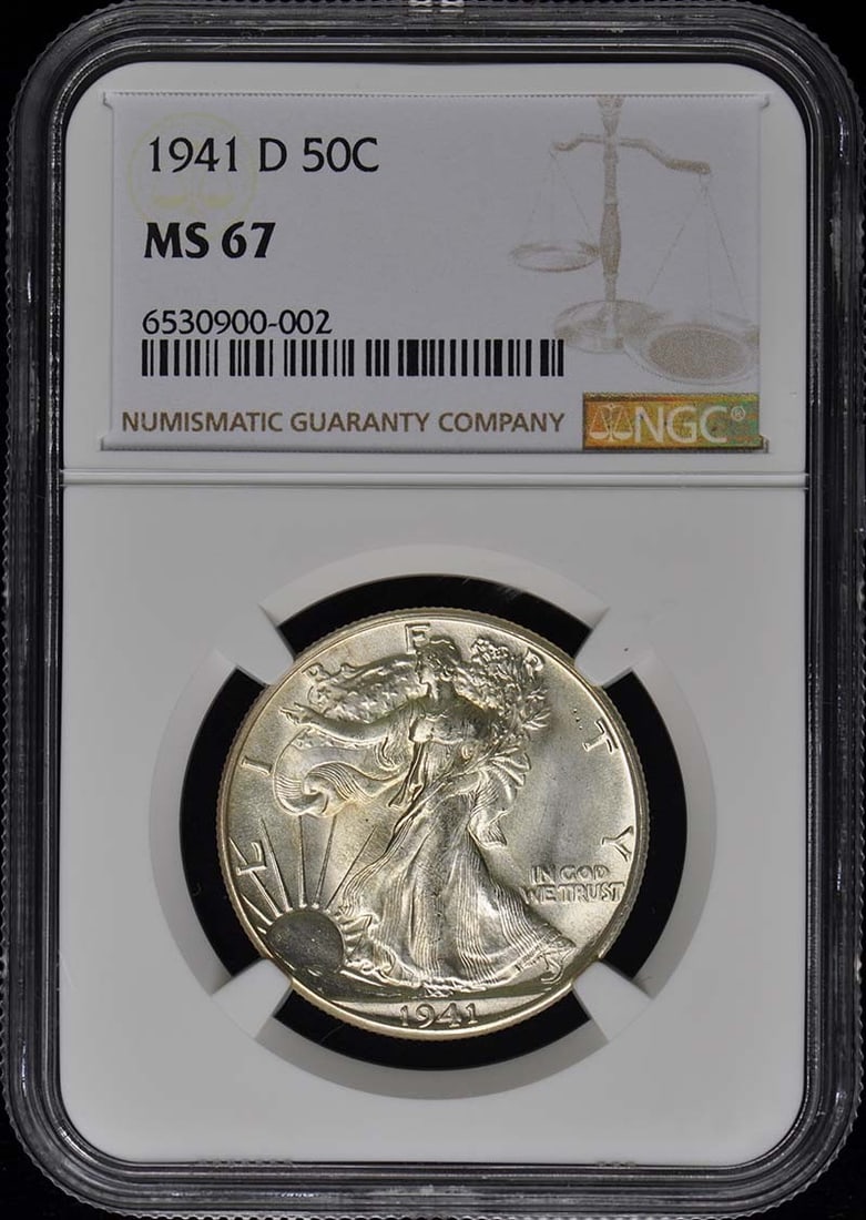 1941-D Walking Liberty Half Dollar NGC MS67 Uncirculated: 1941-D Walking Liberty Half Dollar NGC MS67 Uncirculated This 1941-D Walking Liberty Half Dollar is an exquisite example of American numismatic art, graded MS67 by NGC, indicating it is in uncirculate