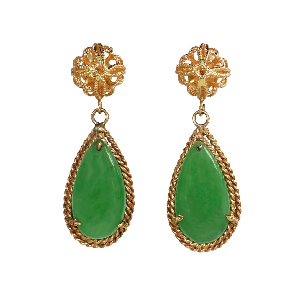 Elegant 14K Yellow Gold Natural Green Jade Pear Shape Earrings: Elegant 14K Yellow Gold Natural Green Jade Pear Shape Earrings Elevate your style with these exquisite 14K Yellow Gold Jade Pear Shape Earrings. Crafted from solid yellow gold, these earrings feature