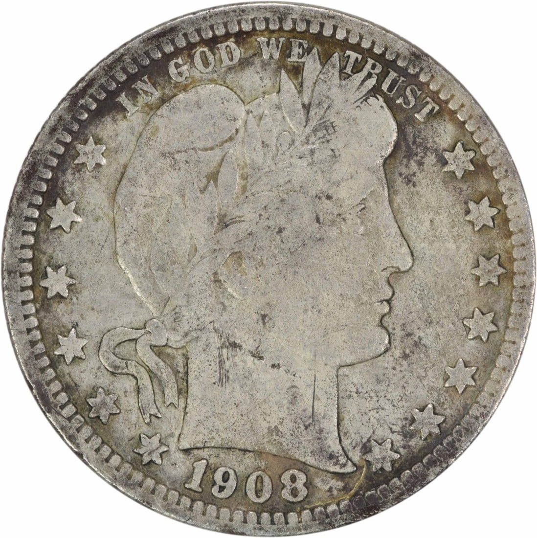 1908-S Barber Quarter 25C Silver Coin Uncertified VG (1 of 2)